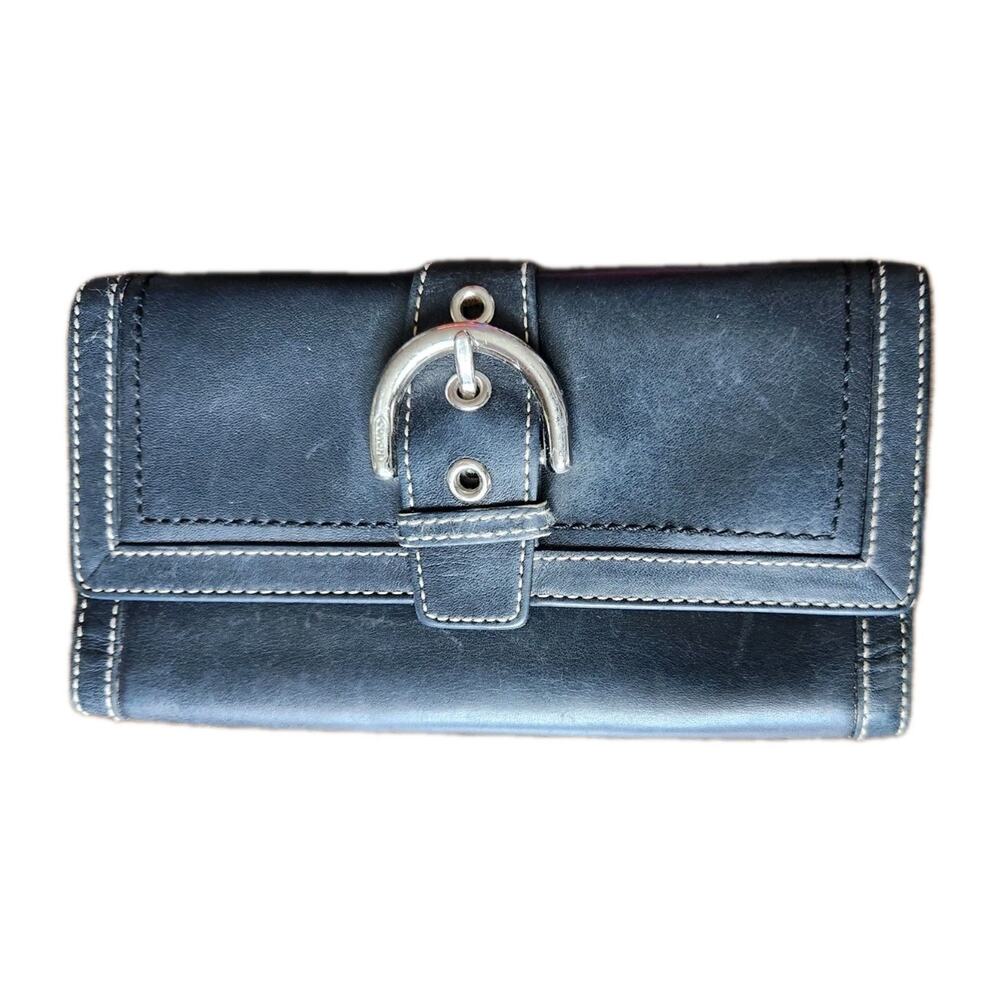 Vintage Y2K Coach Black Leather Single Stitch Silver Buckle Tri-Fold Wallet Read